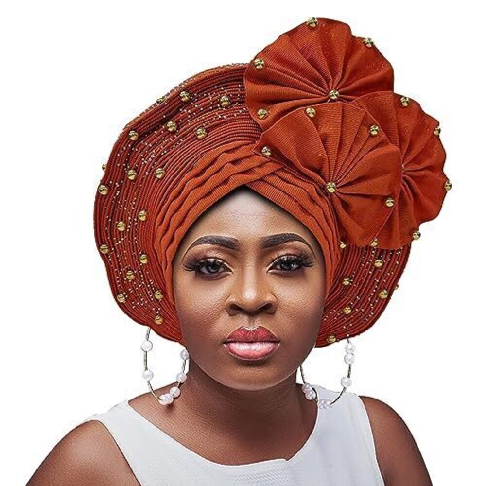 2569 Nigerian Gele Headties with Beads and Stones African Headtie Head Wrap